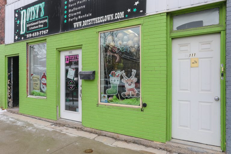 Storefront for Dotsy's Entertainment and Costume shop in St. Thomas Ontario