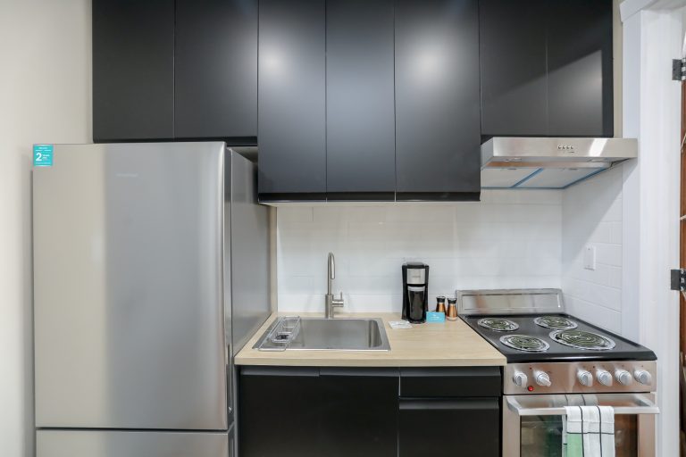 Modern new kitchen with sleek black cabinets.