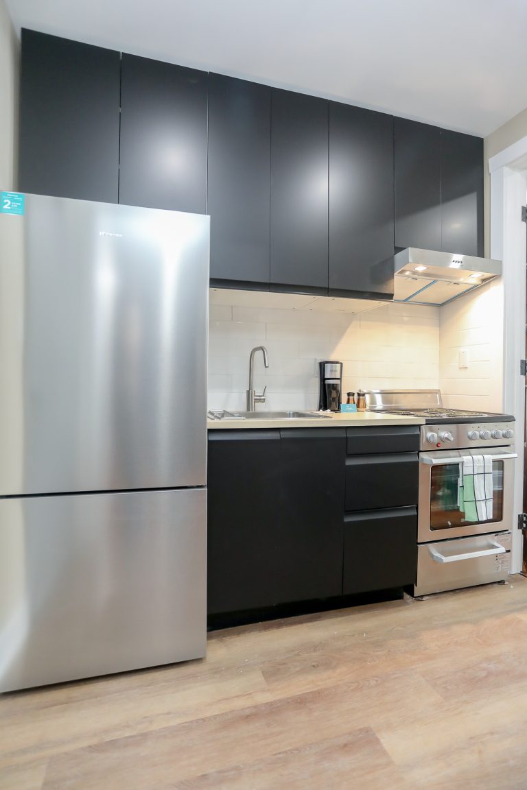 Modern new kitchen with sleek black cabinets.
