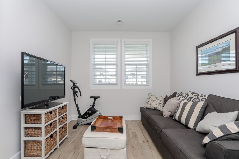 Small cozy living room with couch and lots of pillows.
