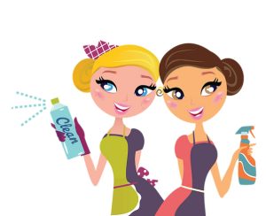 Two animate ladies dressed as maids holding cleaning products.